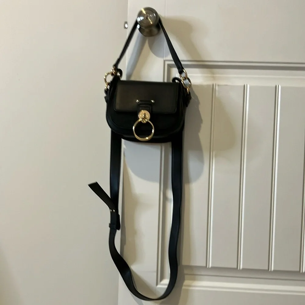 Black Saddle Crossbody Bag with Gold Ring Accent - Picture 3 of 7
